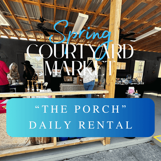 People at an event in a covered outdoor area with text overlay for 'Spring Courtyard Market' and 'The Porch'.